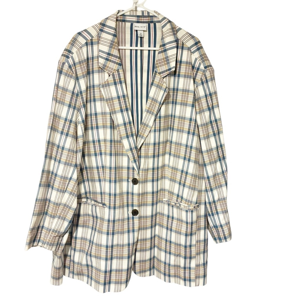 Plaid Single-Breasted Blazer in Blue & Cream - Picture 2 of 6